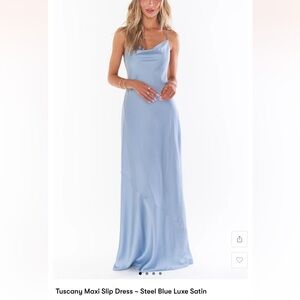 Show Me Your MuMu Tuscany Maxi Slip Dress - Steel Blue Luxe Satin - L